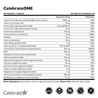 Celebrate Vitamins CelebrateOne Once Daily Bariatric Multivitamin Capsules - supplement facts label and dietary information