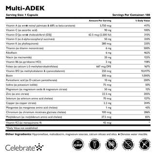 Supplement facts label on white background for Celebrate Vitamins bariatric Multi-ADEK