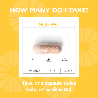 Capsule size and dosing instructions of Celebrate Vitamins Multi-Well dietary supplement