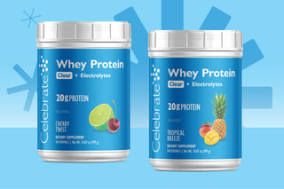 Image of Celebrate Whey Protein Clear plus electrolytes tubs in Cherry Twist and Tropical Breeze