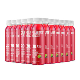 Multiple bottles of Cherry Lime flavored CLR Water on a white background