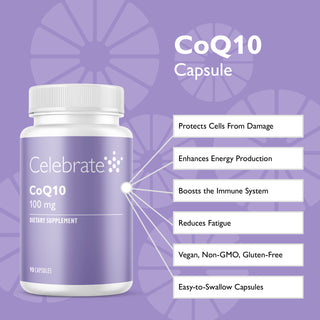 Celebrate CoQ10 supplement bottle with purple background and feature list.