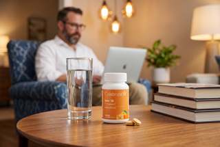 A bottle of Celebrate8 Brain 18 Vitamin C dietary supplements sits on a wooden table next to a glass of water, with a man working on a laptop in the background of a cozy living room.