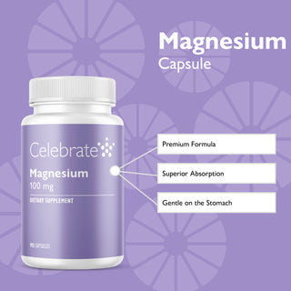 Celebrate Magnesium supplement bottle on a purple background with text highlighting features.