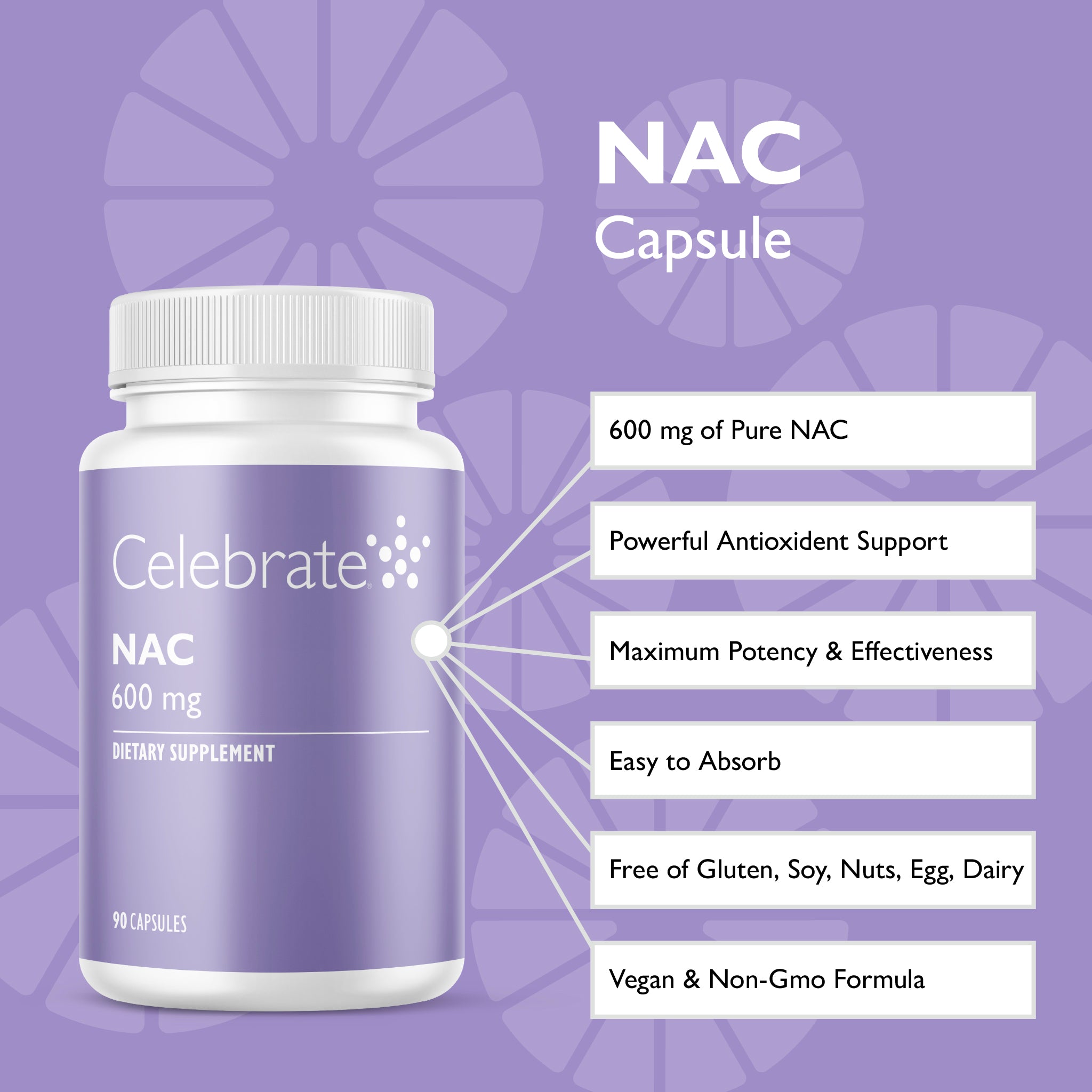NAC 600mg (N-Acetyl Cysteine) Capsules, 90 count - Celebrate Celebrate Vitamins NAC 600mg (N-Acetyl Cysteine) Capsules, 90 count - Celebrate Celebrate Vitamins