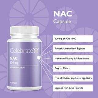 Celebrate NAC supplement bottle with purple background and feature text