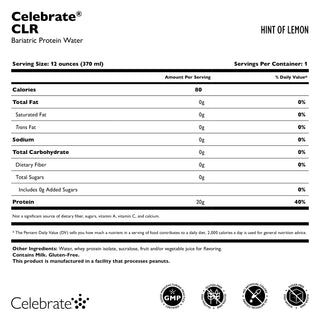 Celebrate Vitamins Celebrate® CLR bariatric protein water in Hint of Lemon - Supplement Facts