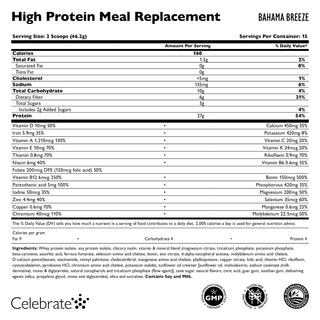 Supplement facts for Celebrate's bariatric meal replacement shakes - Bahama Breeze