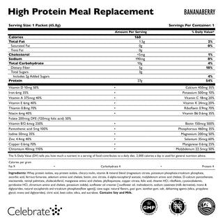 Supplement facts for Celebrate's bariatric meal replacement shakes - Bananaberry