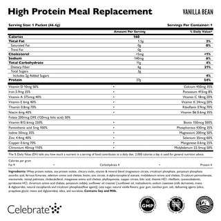 Supplement facts for Celebrate's bariatric meal replacement shakes - Vanilla bean