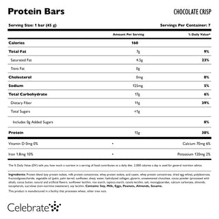 Celebrate Vitamins Chocolate Crisp Bariatric Protein Bars nutritional facts label