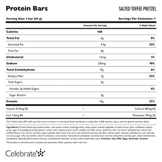 Celebrate Vitamins Salted Toffee Pretzel Bariatric Protein Bars nutritional facts label