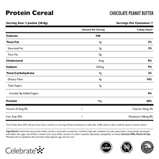 Image of Celebrate Protein Cereal Chocolate Peanut Butter in a 7 packet box - Supplement Facts