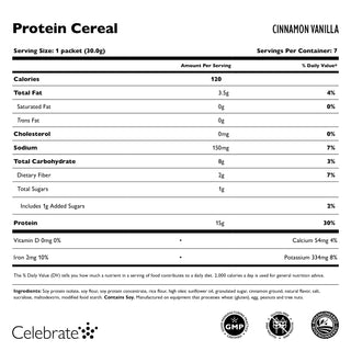  Image of Celebrate Protein Cereal Cinnamon Vanilla in a 7 packet box - Supplement Facts