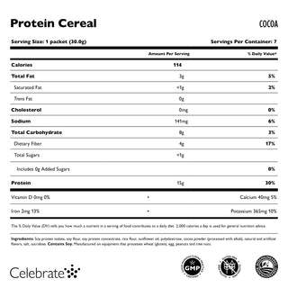  Image of Celebrate Protein Cereal Cocoa in a 7 packet box - Supplement Facts