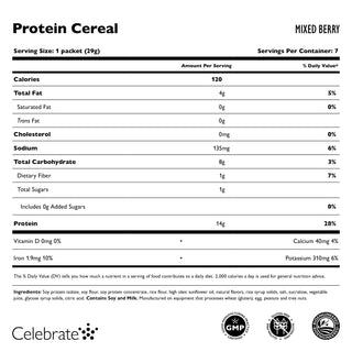 Image of Celebrate Protein Cereal Mixed Berry in a 7 packet box - Supplement Facts