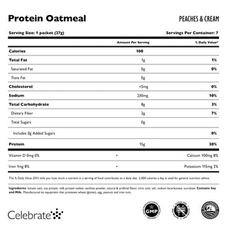  Image of Celebrate Protein Oatmeal Peaches and Cream in a 7 packet box - Supplement Facts