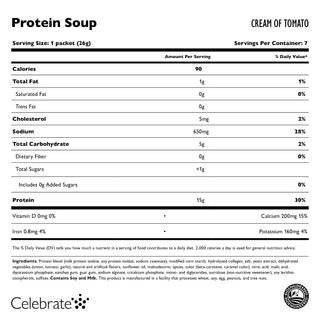 Image of Celebrate's high protein soup in Tomato in a 7 count supplement Facts