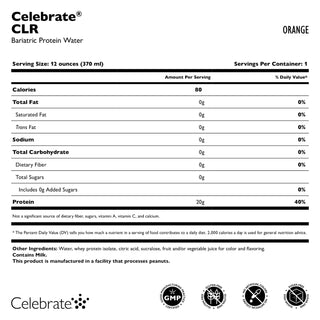Nutritional label for Celebrate CLR Bariatric Protein Water Orange flavor