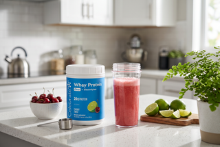 Celebrate Whey Protein powder tub and a glass of pink protein smoothie on a kitchen counter with limes, cherries, and a potted plant in a bright modern kitchen.