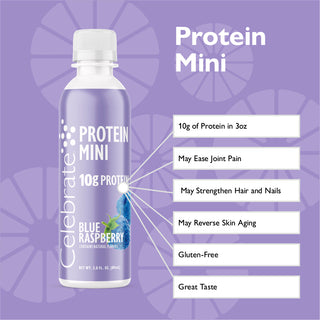 Protein mini bottle with blue raspberry flavor on a purple background