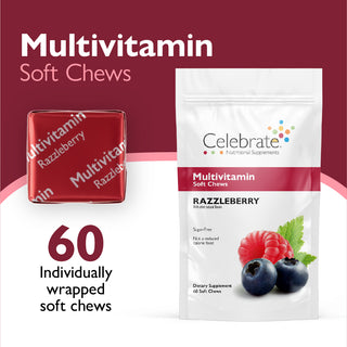 Celebrate Multivitamin Razzleberry Soft Chews packaging with a red box on a white background