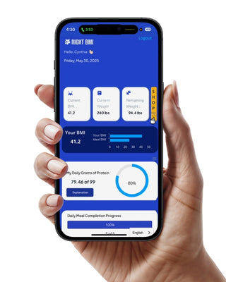 Hand holding a smartphone displaying the 'Right BMI' app on a white background