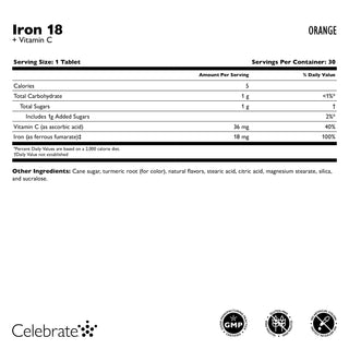 Supplement Facts for Celebrate Iron 18 + Vitamin C Orange chewable tablets