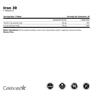 Celebrate Iron + C 30 mg non-chewable tablet, 30 count bottle - Supplement Facts