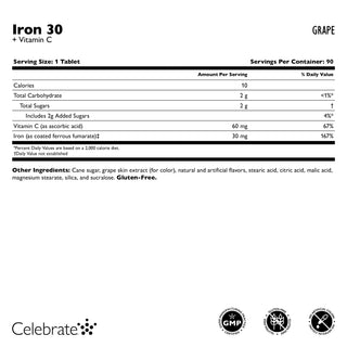 30mg iron chewable tablets 90 count bottle in grape flavor supplement facts