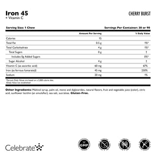  Celebrate Vitamins 45 mg Iron + Vitamin C Soft Chews, Cherry Burst 90 Count Bottle Supplement Facts