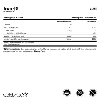  Celebrate Iron 45mg chewable tablets, grape, 30 count, supplement facts