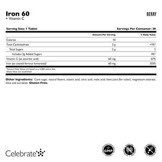 Celebrate Iron 60 mg with vitamin C chewable tablets, berry, 90 count, supplement facts