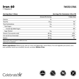 60 mg Iron with Vitamin C Soft Chews, Twisted Citrus, 90 count Supplement Facts - Celebrate