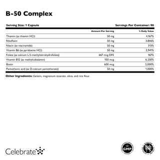 Supplement facts label and dietary information for Celebrate Vitamins B-50 complex, 90 capsules