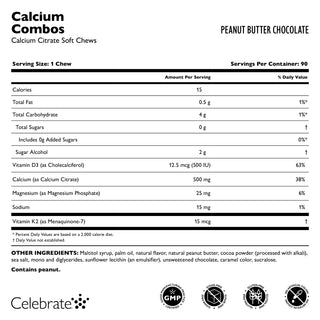 Supplement facts for Calcium Citrate Soft Chews Combos, Peanut Butter Chocolate, 90 count