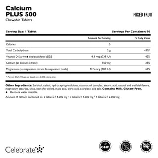  Celebrate Vitamins Calcium PLUS 500 Chewable Tablets Supplement Facts