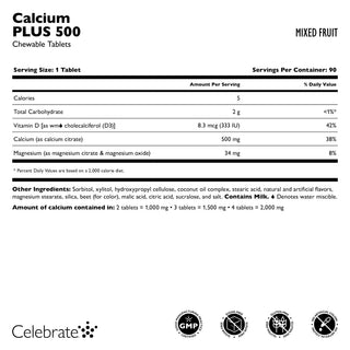Celebrate Vitamins Calcium PLUS 500 Chewable Tablets Supplement Facts