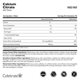 Celebrate Vitamins Calcium Citrate Soft Chew, Mixed Fruit, supplement facts