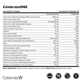 Celebrate Vitamins CelebrateOne Once Daily Bariatric Multivitamin Capsules - supplement facts label and dietary information