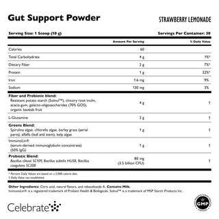 Supplement Facts for Gut health support powder, strawberry lemonade flavor, 30 servings by Celebrate Vitamins