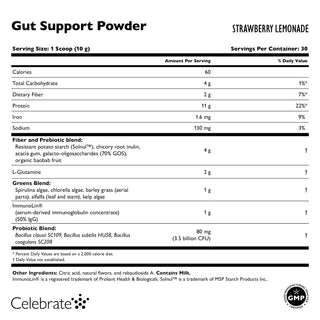 Supplement Facts for Gut health support powder, strawberry lemonade flavor, 30 servings by Celebrate Vitamins