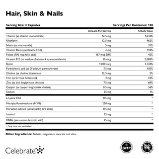 Celebrate Vitamins Hair, Skin, and Nails Supplement, 120 count bottle supplement facts label