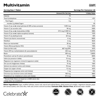 Celebrate Vitamins Iron Free Bariatric Multivitamin Chewable, Grape, 60 count bottle supplement facts