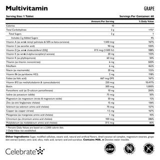 Celebrate Vitamins Iron Free Bariatric Multivitamin Chewable, Grape, 60 count bottle supplement facts