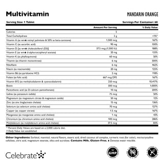 Celebrate Vitamins Iron Free Bariatric Multivitamin Chewable, Mandarin Orange, 60 count bottle supplement facts