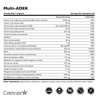 Supplement facts label on white background for Celebrate Vitamins bariatric Multi-ADEK