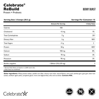 Celebrate Vitamins ReBuild Protein Powder + Probiotics, Berry Burst, 15 servings - supplement facts label