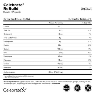 Celebrate Vitamins ReBuild Protein Powder + Probiotics, Chocolate, 15 servings - supplement facts label