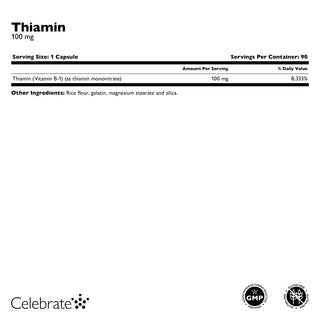 Supplement facts for Celebrate's thiamin vitamin b1 in a 90 count bottle